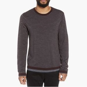 Vince Striped Double Layer 100% Merino Wool Sweater Burgundy Gray Size XXL